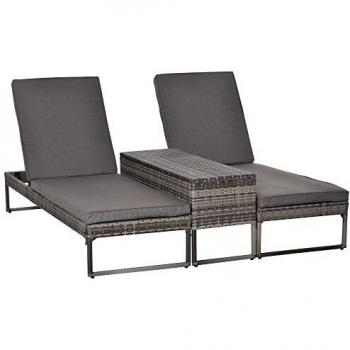 Outsunny 3pz Lettini Prendisole con Tavolino in Rattan e Materassini Grigi