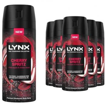 Lynx Men’s Cherry Spritz Deodorant Spray – 6 Pack (White, 150 mL)