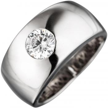 JOBO Silberring Damen breit 925 rhodiniert 1 Zirkonia Größe 56