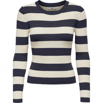 Pullover féminin long avec rayures plum/bleu marine