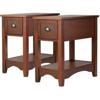 COSTWAY Beistelltische 2er Set, mit Schublade & Ablage, schmal, 56 x 33 x 58,5 cm, Eichefarben