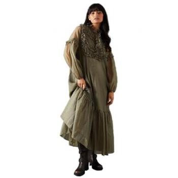 Womens Khaki Midi Dress with Crinkle Stripe Organza and Frill Pleat