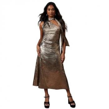 Oasis Occasion Metallic Bias Cut Tie Neck Midaxi Dress Bronze 12