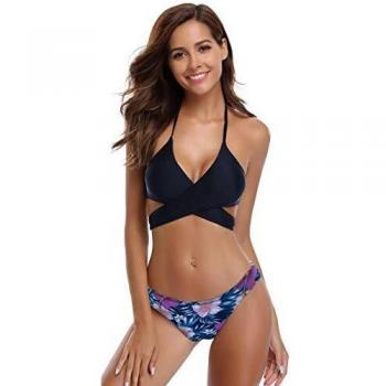 SHEKINI 2 pièces Halter Bandage Push Up Brésilien Bikini Floral Print Maillots de Bain Femme Plage Triangle Swimwear X-Large Bleu foncé