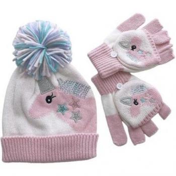 Warme Winterbeanie mit Dinosauriern und passenden Handschuhen für Babys