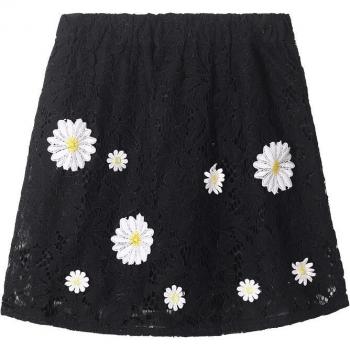 Layered Black Lace Skirt for Girls, Elastic Waist, Stitched Flower Detail, Sizes 3-11
