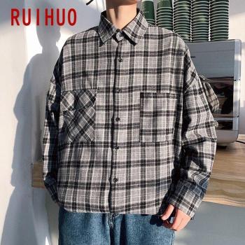 Camisa de Manga Larga a Cuadros para Hombre, Talla Grande, RUIHUO, M-2XL