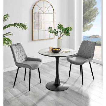 Elina White Marble Round Table & 2 Black Velvet Chairs