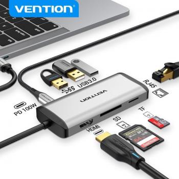 Vention USB 3.1 Typ-C HUB Adapter mit HDMI und USB 3.0 PD für MacBook und Huawei P30/P20, 5 in 1, grau