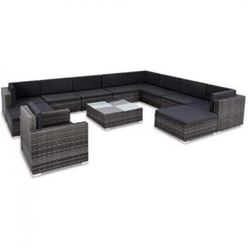 Garten-Lounge-Set 12-tlg. mit Auflagen Poly Rattan Grau