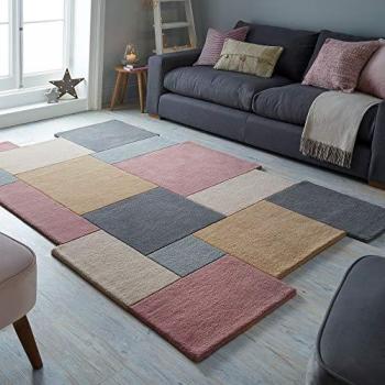 FLAIR RUGS Wollteppich Abstract Collage, rechteckig, 11 mm Höhe, 100% Wolle, Karo Design, Patchwork, modern, mehrfarbig