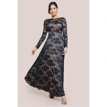 Scalloped Lace Maxi Dress – Black (Goddiva)