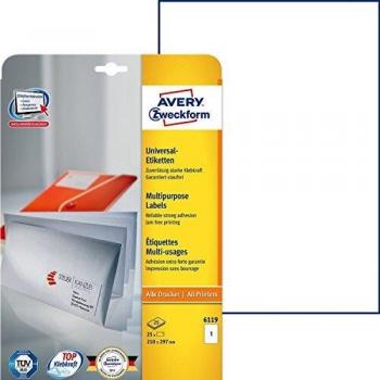 Avery 6119 Etichetta universale 210 x 297 mm Carta Bianco 30 pz. A tenuta permanente
