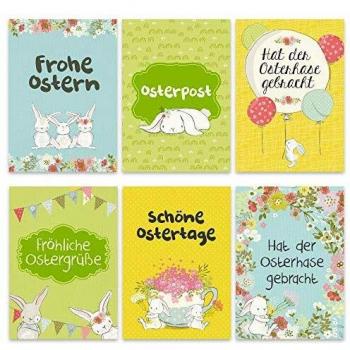 Papierdrachen Osterpostkarten – 12 liebevoll gemalte Häschen in Gelb, Grün & Blau