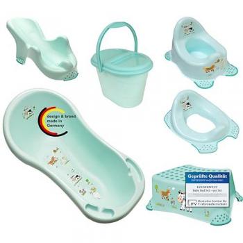 KiNDERWELT Babybadewanne XXL Funny Farm 6‑er Set mit Wasserhahn, Badesitz, Topf, WC, Hocker und Eimer