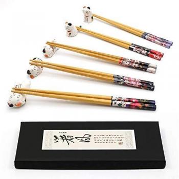 Juego de palillos y soporte de gato de la suerte, 5 pares