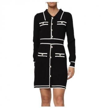 Robe noir polyvalente, col polo, manches longues