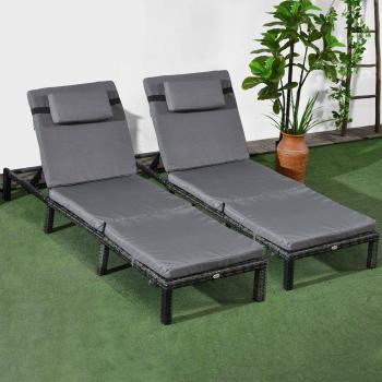 Outsunny Dark Grey Rattan Sun Loungers Set of 2 with 5-Level Adjustable Back and Padded Cushion for Poolside