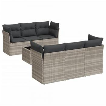 Set de Sofás de Jardín 7 Pzas con Cojines Ratán PE Gris Claro, incluye mesa y asientos modulares, conjunto de muebles para terraza o patio