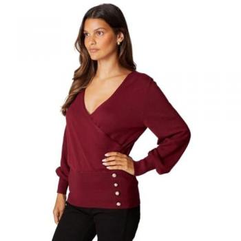 Berry Viscose Women's XL Button Detail Wrap Jumper