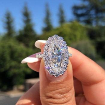 Anillo de Boda de Plata 925 con Gran Piedra de Circonia Cúbica Ovalada