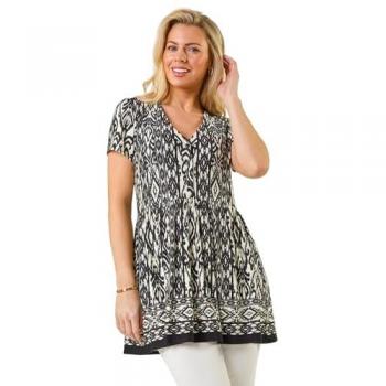 Black Petite V‑Neck Tunic with Aztec Design