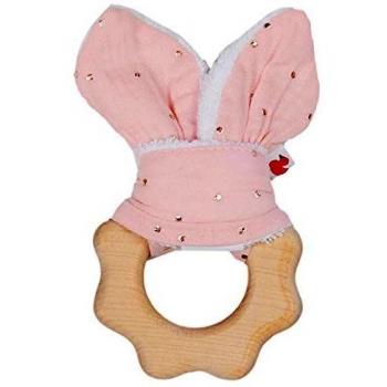 Petit Hochet Bois Coton – Gaze Blush avec Pois Dorés