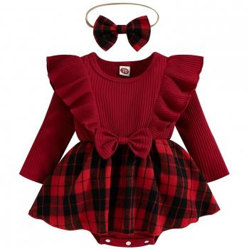Ensemble robe et jupe bébé fille, volants, col rond, plaid