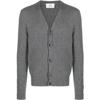Ami Paris Men's Grey Cashmere Cardigan with Embroidered Heart
