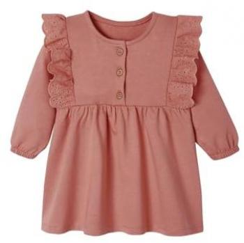 Vestido rosa con volantes y bordado inglés para bebé