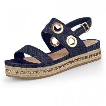S.Oliver 28201‑28 „Jeans‑Glitter“ Damen-Sandalen – Textilriemen, Bastsohle, 38