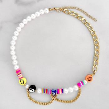 Collar de cuentas de arcilla en forma de mariposa rosa, cadena de perlas asimétricas, joyería Y2K