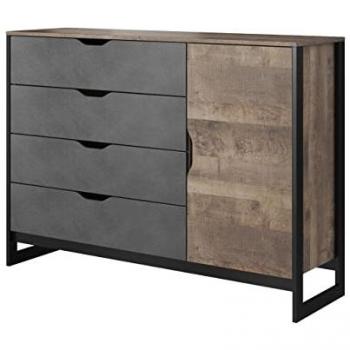 Cómoda Kingston D120, 4 cajones, puertas, madera gris y roble oscuro, 99x138x40 cm