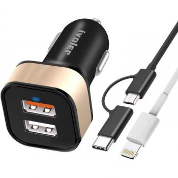 IVoler Cargador de Coche con 2 Puertos USB y Cable 1m para Móviles