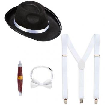 Set Gangster Bianco e Nero: Cappello, Bretelle, Papillon e Sigaro