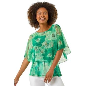 Blouse Florale en Maille Verte Roman