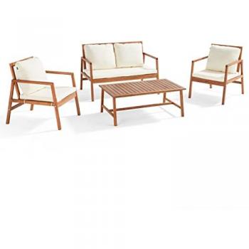 Ensemble de meubles de jardin en eucalyptus avec 1 canapé, 2 fauteuils et table basse blanche