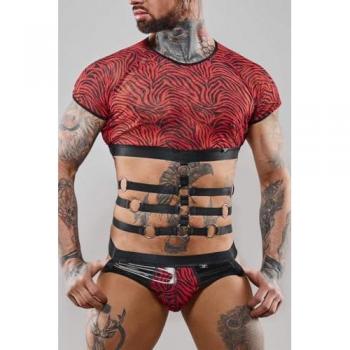 Top à manches courtes & harnais – Motif tulle zébré et ajustement élastique