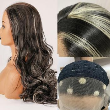 Peluca de Cosplay Larga Negra con Ondas y Mechas Blancas y Ceniza, Frontal de Encaje, Sintética y Resistente al Calor