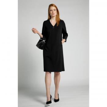 Abito lungo svasato con zip, scollo a V e maniche 3/4, Donna, Nero, Taglia: 64, Viscosa/Fibre sintetiche