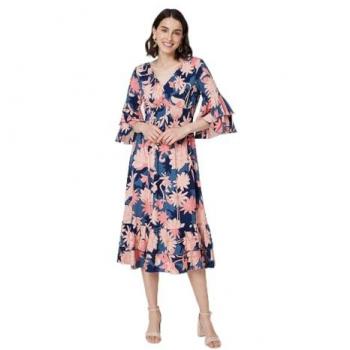 Blue Izabel London Ruffled Midi Dress, 3/4 Sleeve, Size 10 – Floral Pattern