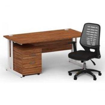 Impulse 1600mm White Cantilever Desk Walnut Top, Dual Mobile Pedestals, Silver Relay System