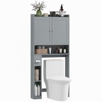 Rangement WC Homcom : 2 portes, 3 niches, porte-papier – MDF couleur gris (dimensions : 80 × 19,5 × 170 cm)