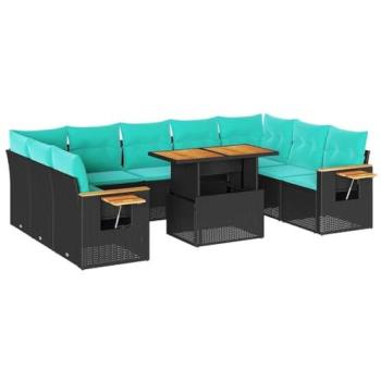 VidaXL Terrace Seating 10‑Piece Sofa Set – Black Poly Rattan & Acacia