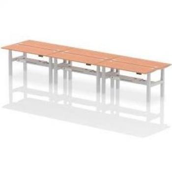 Dynamic Air Back-to-Back W1600 x D600mm Height Adjustable Sit Stand 6 Person Bench Desk With Cable Ports Beech Finish Silver Frame