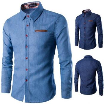 Men's Classic Denim Shirt with Leather Pocket