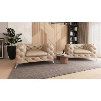 Fauteuil de Salon S‑Style Chesterfield en Velours Beige, pieds argentés