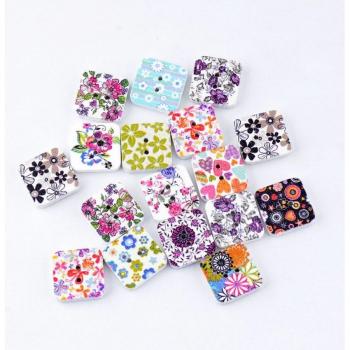 20Pcs Random Color Square Flower Painted Wooden Buttons 2 Holes 15x15mm