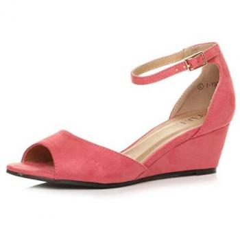 Faux Suede Mid-Wedge Heel Ankle-Strap Sandals in Coral