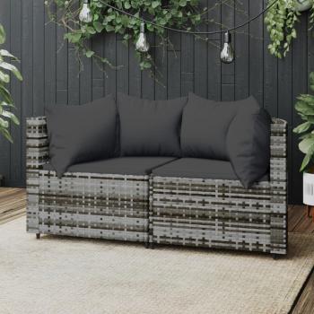 Divano Angolare da Giardino in Polyrattan Grigio con Cuscini 2pz